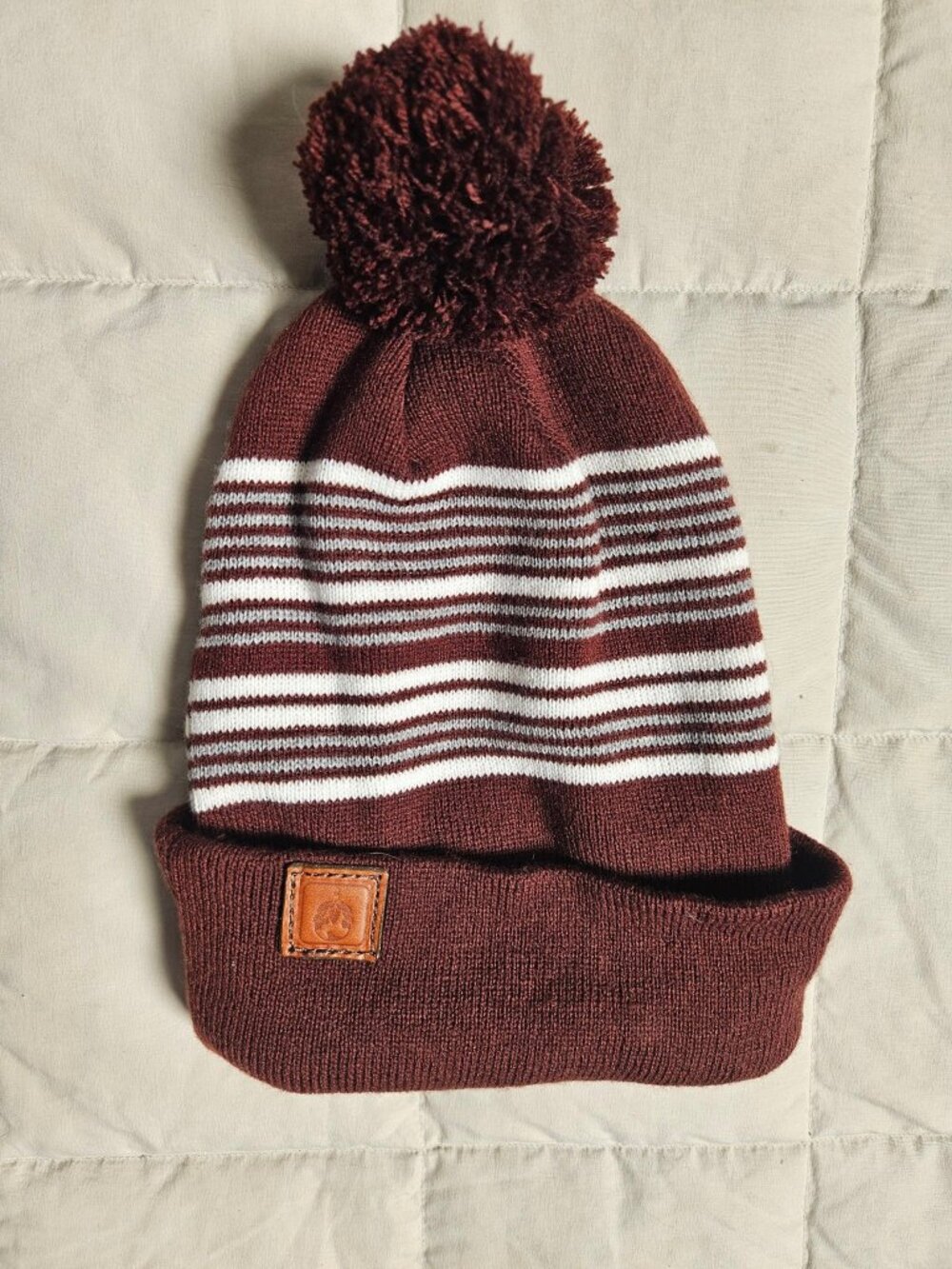 Pom Pom Beanie Brown Striped Knit Winter Hat Cuffed